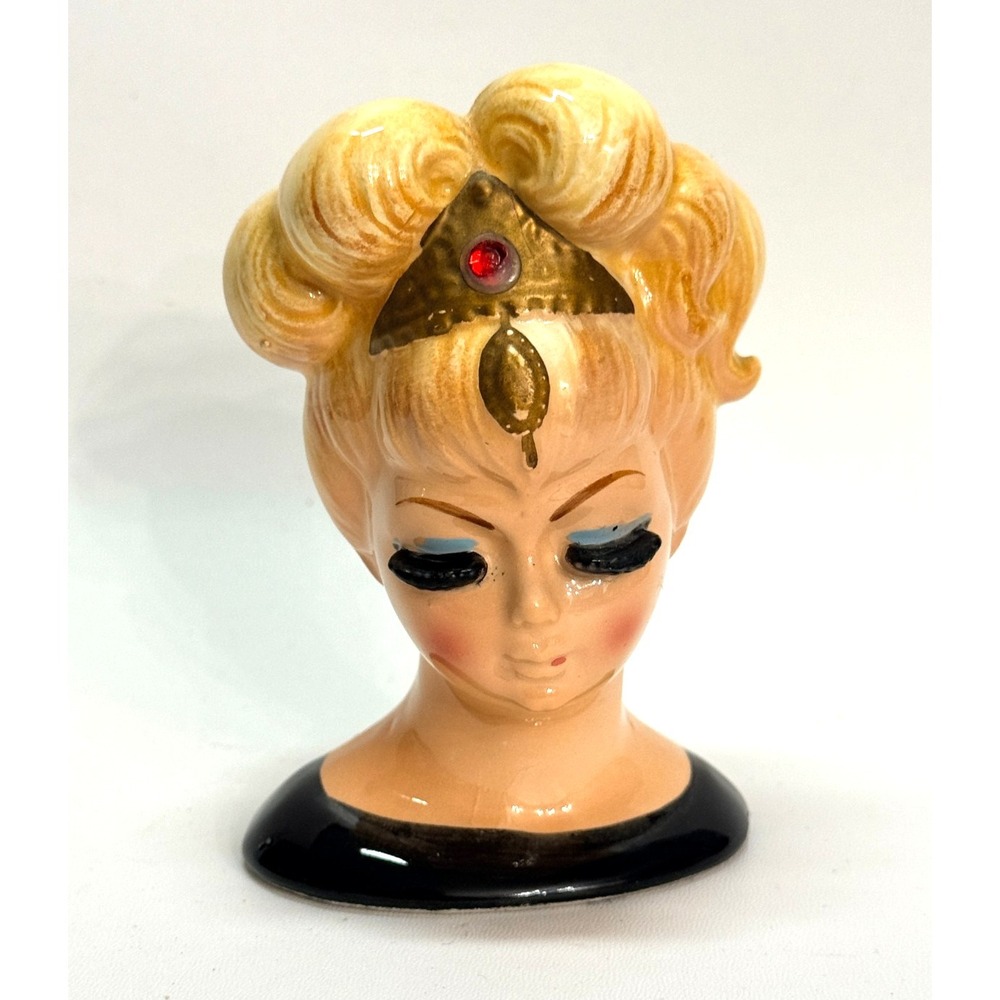 Vintage 1950s Lefton Lady Head Vase #3516 Tiara Rhinestone MCM Japan 4.5"